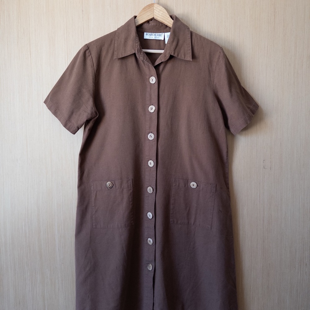 Brown Short Sleeve Notched Collar Midi Dress‎